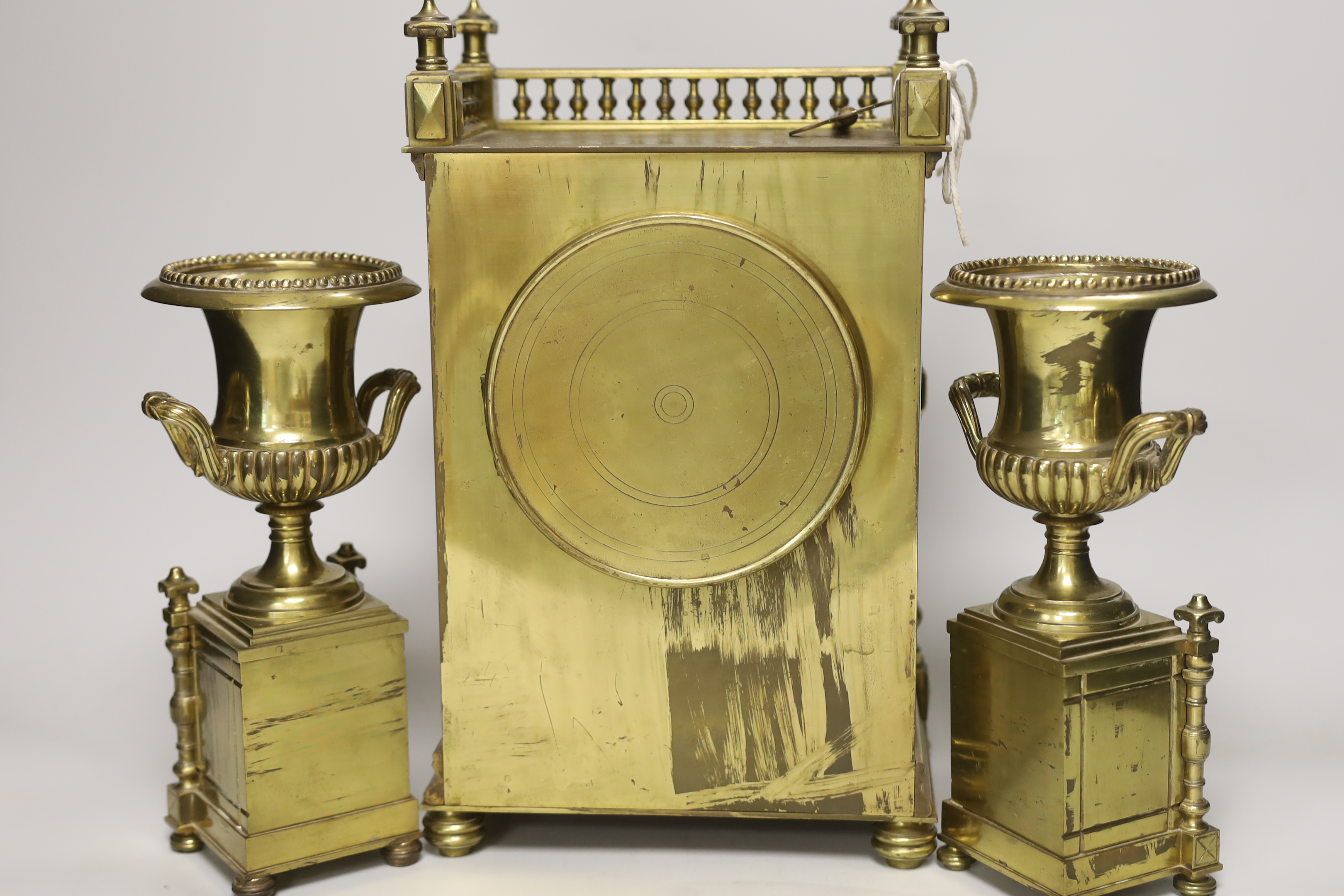 A French Aesthetic period brass and porcelain panelled clock garniture, clock 34cm high